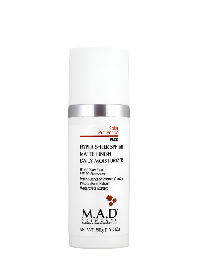 M.A.D Hyper-Sheer SPF 50 Matte Finish Daily Moisturizer – 50g
مرطب M.A.D Hyper-Sheer SPF 50 – لمسة مطفية يومية – 50 جم


